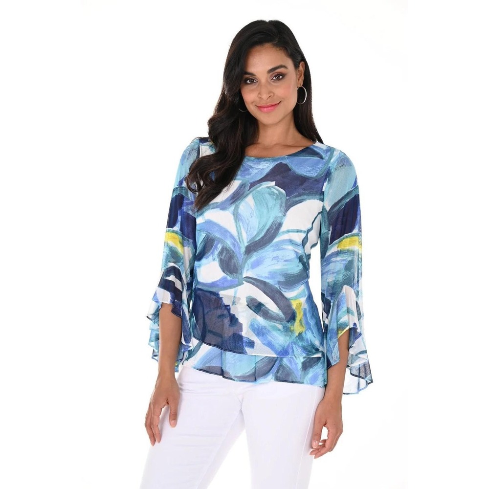 Frank Lyman Montreal Blue Abstract Sheer Bell Sleeve Tunic Top Size 18